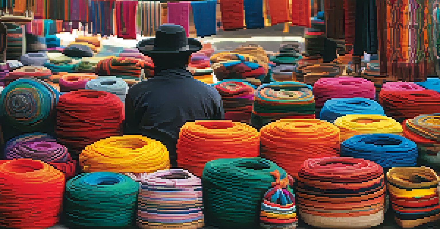Close-up of colorful Andean textiles in a market, with artisans weaving in the background.