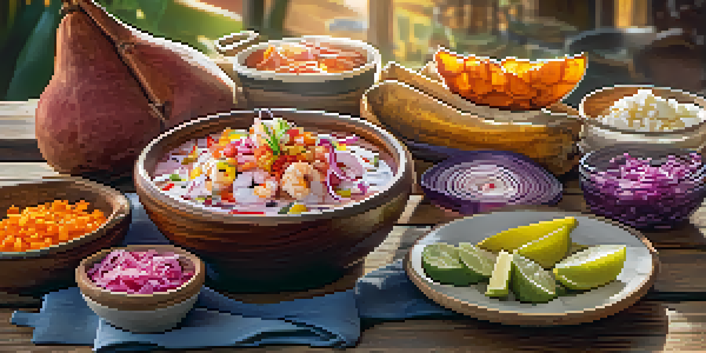 A colorful plate of traditional Peruvian ceviche with fresh fish, ají peppers, and garnishes on a wooden table, illuminated by warm sunlight.