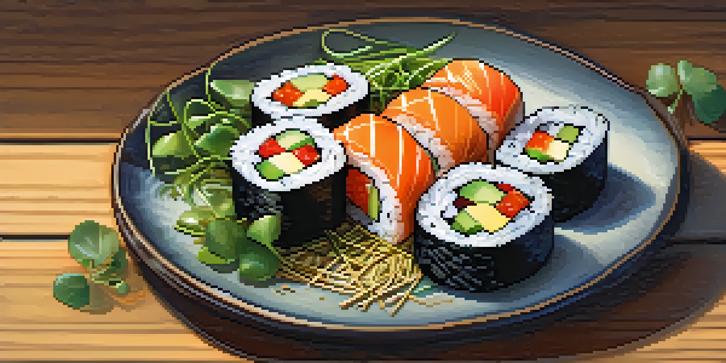 A plate of sushi rolls filled with aji amarillo and avocado, garnished with microgreens, displayed on a rustic wooden table.