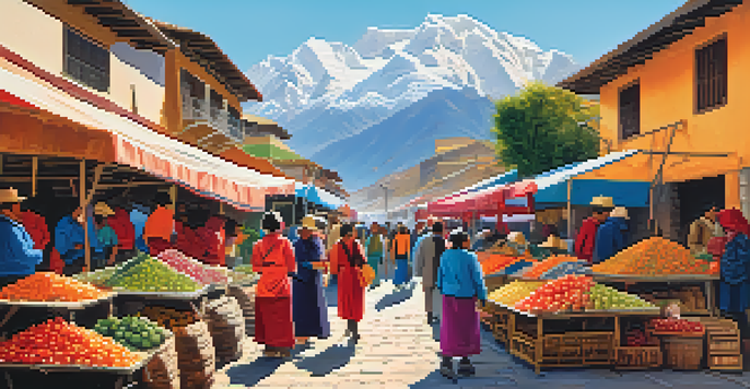 A lively street market in Peru with colorful stalls, shoppers, and the Andes mountains in the background.