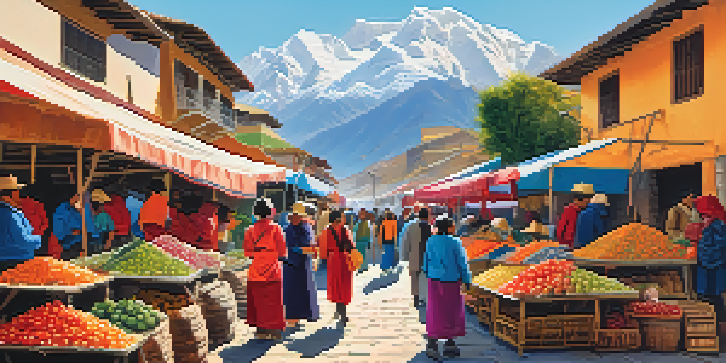 A lively street market in Peru with colorful stalls, shoppers, and the Andes mountains in the background.