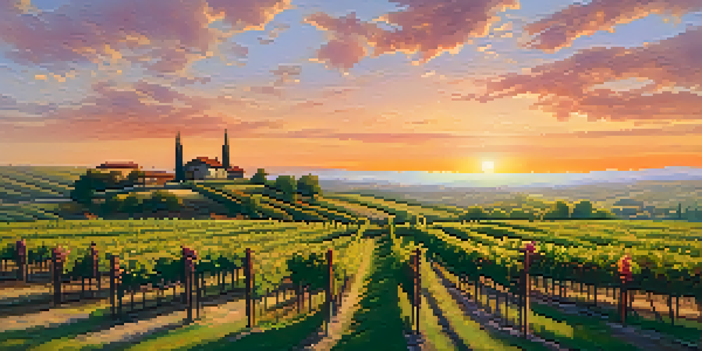 A picturesque vineyard at sunset with tourists enjoying a wine tasting.
