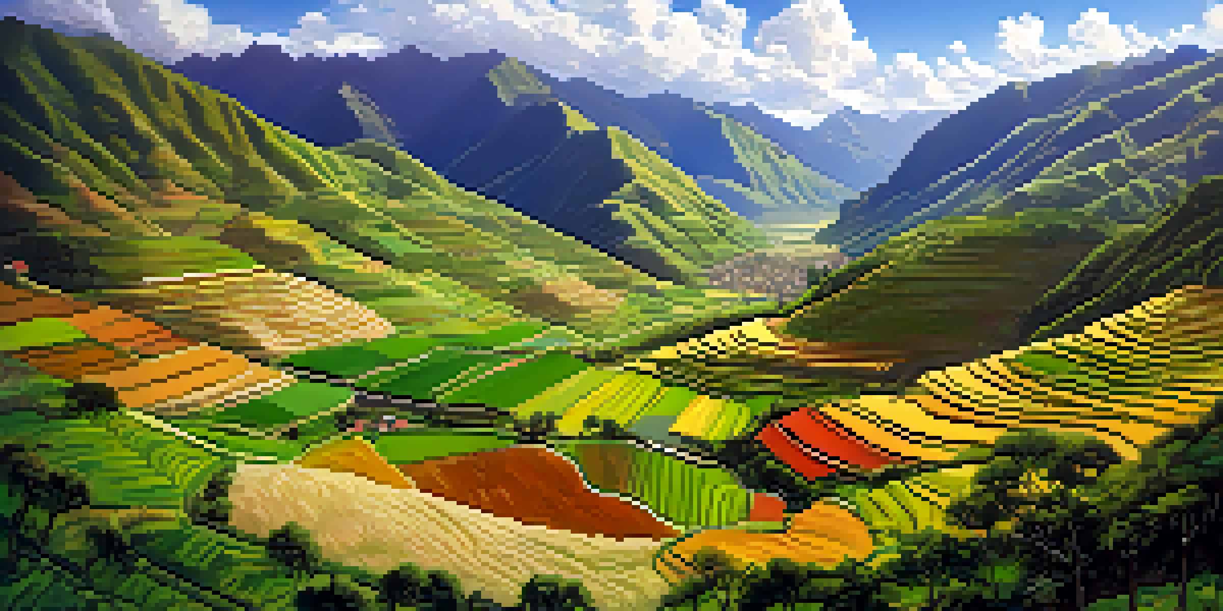 A scenic view of the Sacred Valley in Peru, featuring green hills and the Andes mountains, with terraced fields and a bright blue sky.