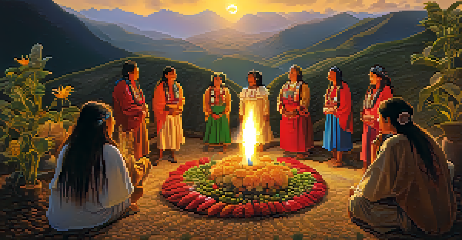 Participants performing a Pachamama ritual during an indigenous festival in Peru, offering fruits and flowers at sunset.