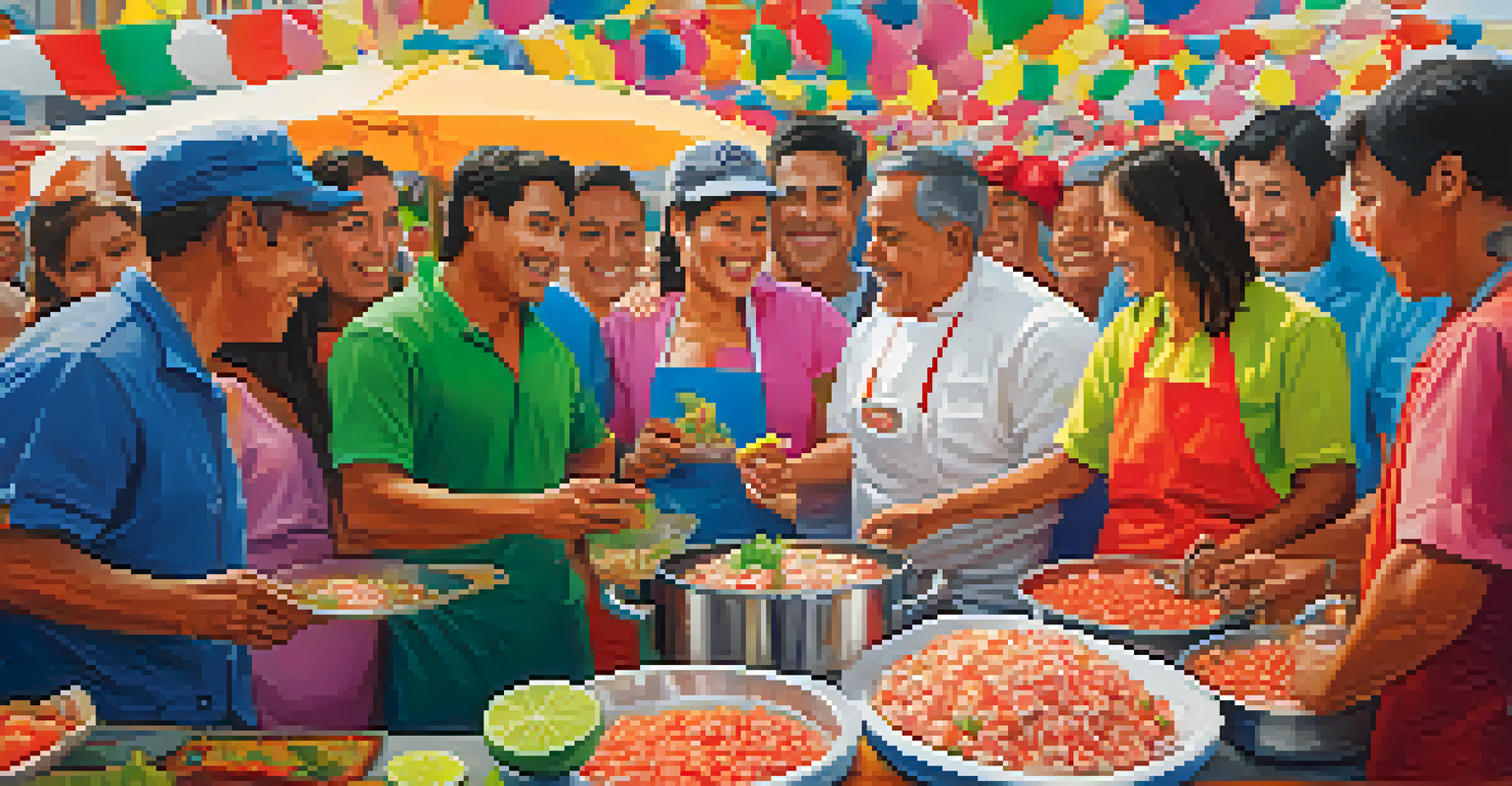 Crowd enjoying ceviche at National Ceviche Day, with chefs preparing fresh ceviche in a colorful festival setting.