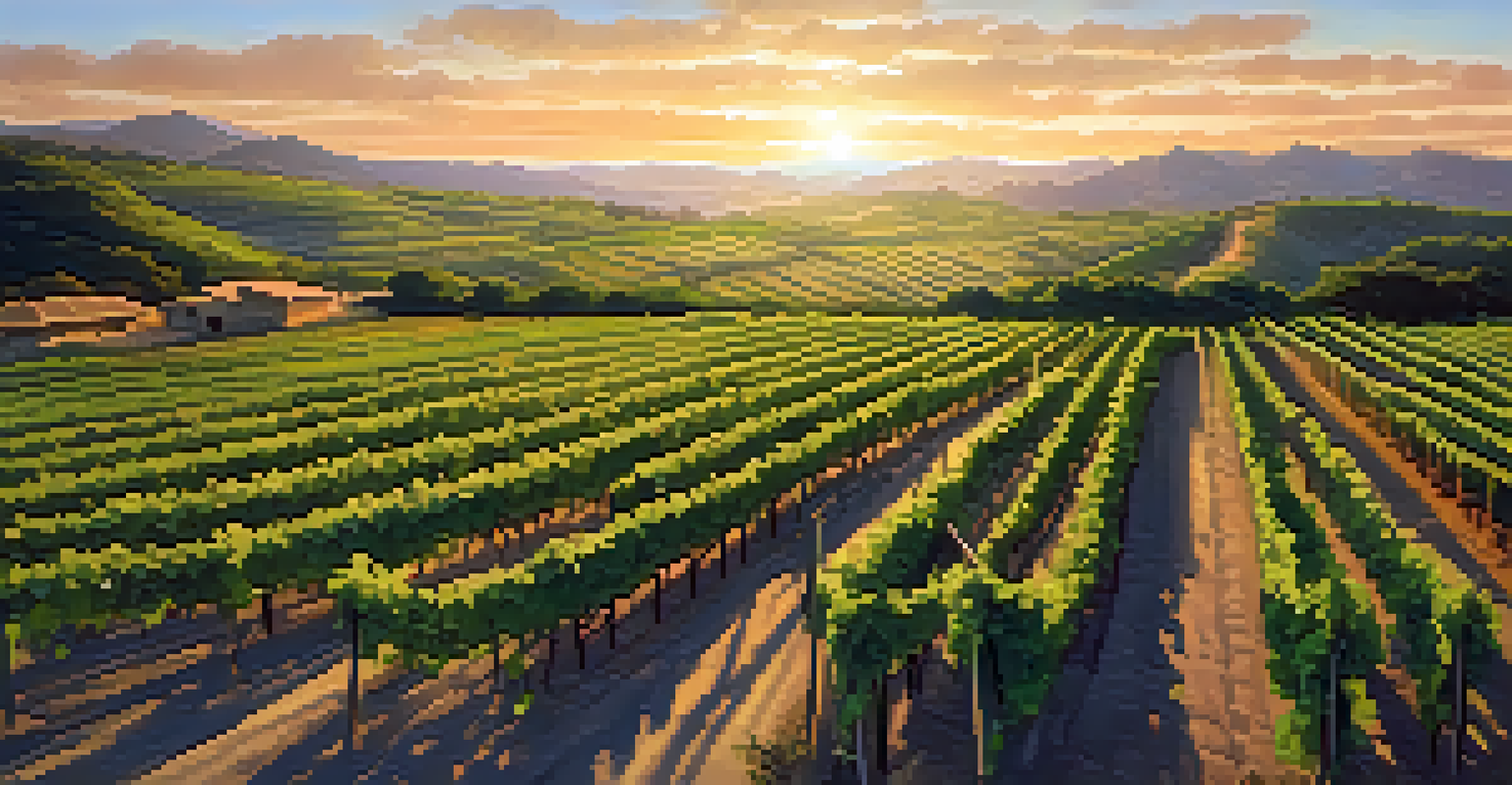 Aerial view of a sustainable vineyard in Peru with rows of grapevines and greenery under a sunset.