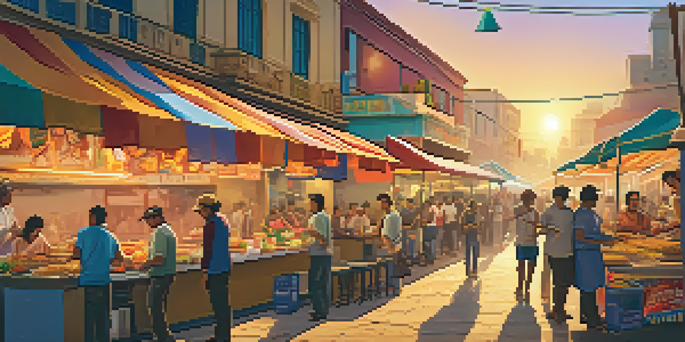 A vibrant Peruvian street food market at sunset, with colorful food stalls and people enjoying their meals.