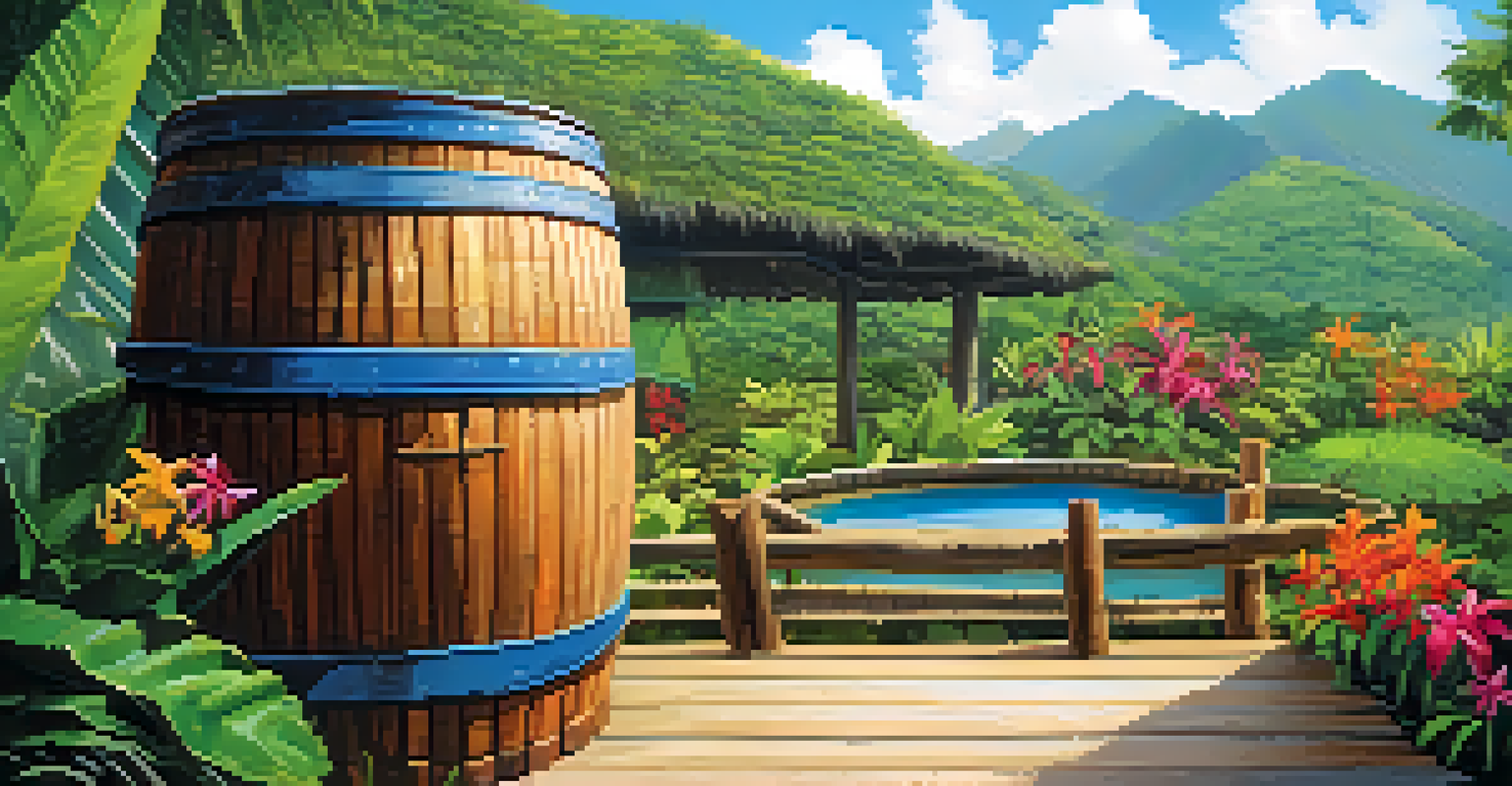 A close-up view of a rainwater harvesting system at an eco-lodge surrounded by tropical plants and flowers.