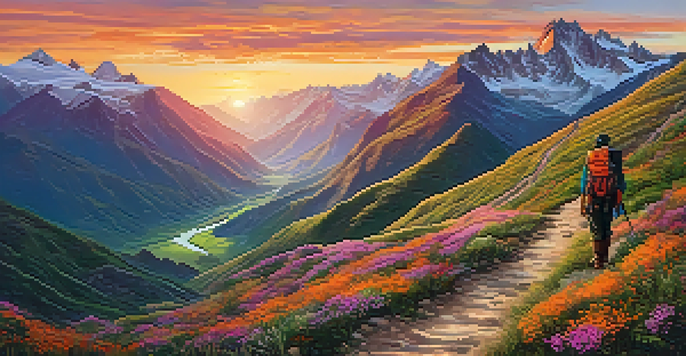 A hiker stands on a mountain trail at sunrise, overlooking the vibrant Peruvian landscape with mountains and valleys.