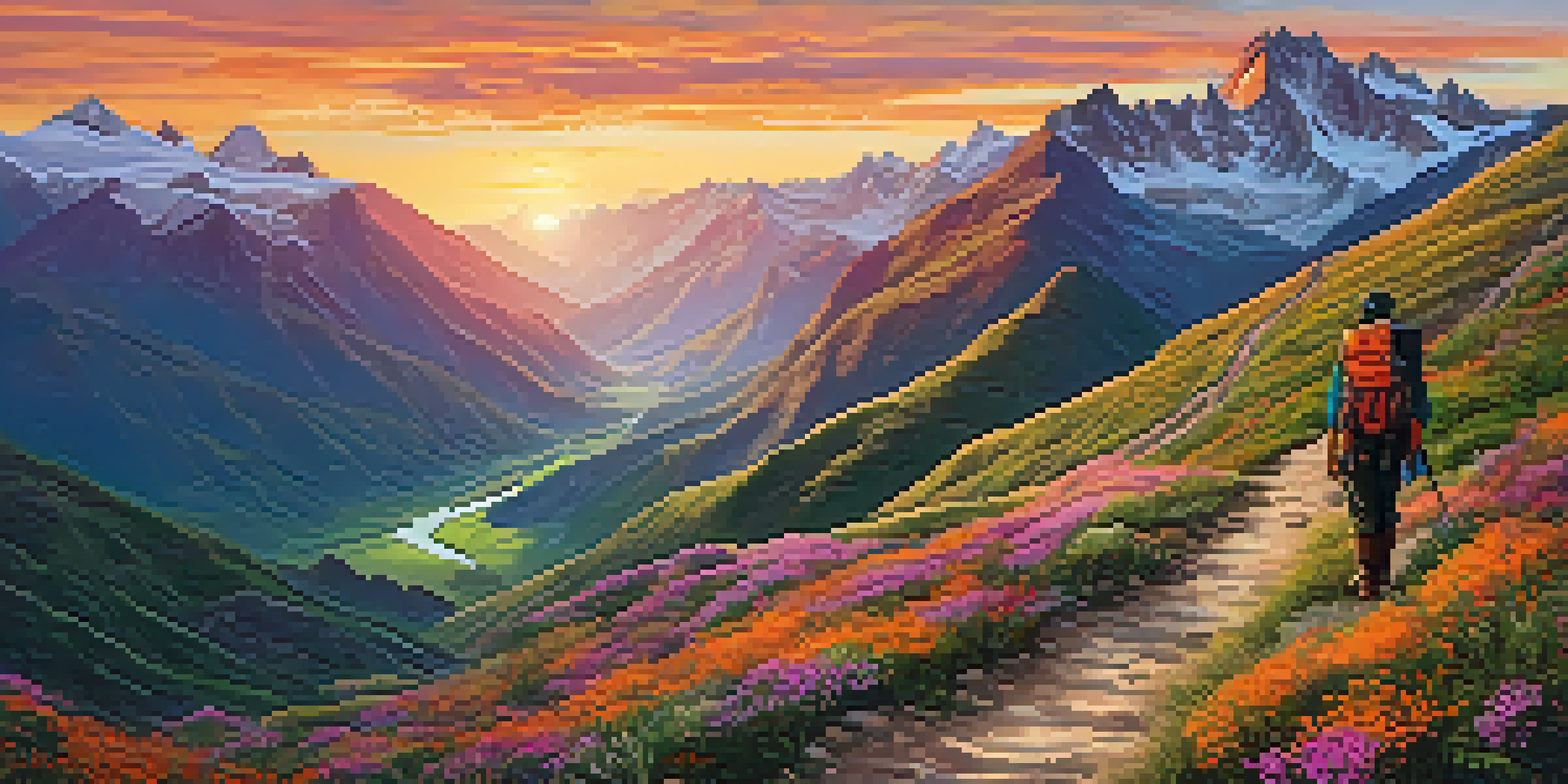 A hiker stands on a mountain trail at sunrise, overlooking the vibrant Peruvian landscape with mountains and valleys.