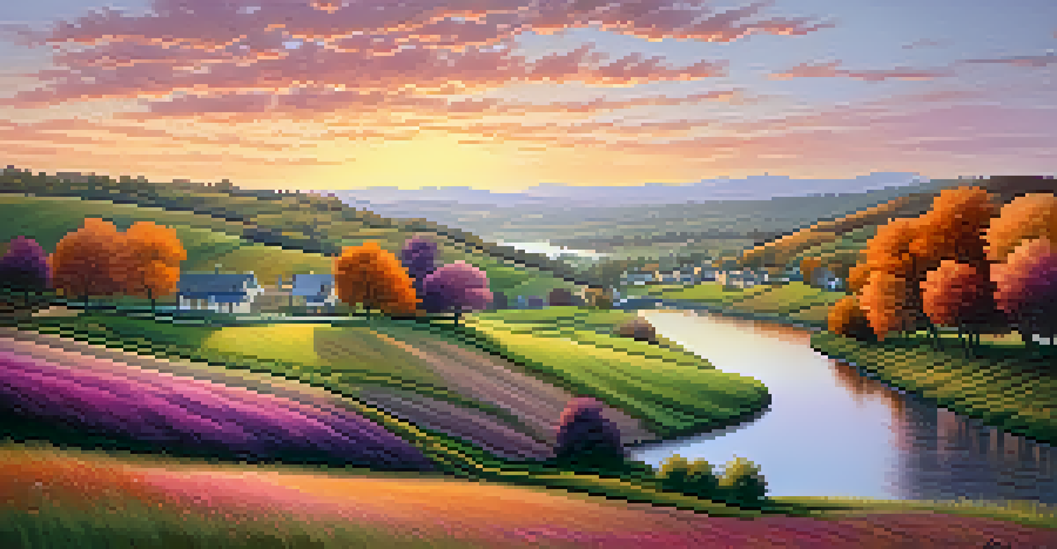 A beautiful landscape at sunrise with rolling hills, a river reflecting light, and a charming village surrounded by trees.