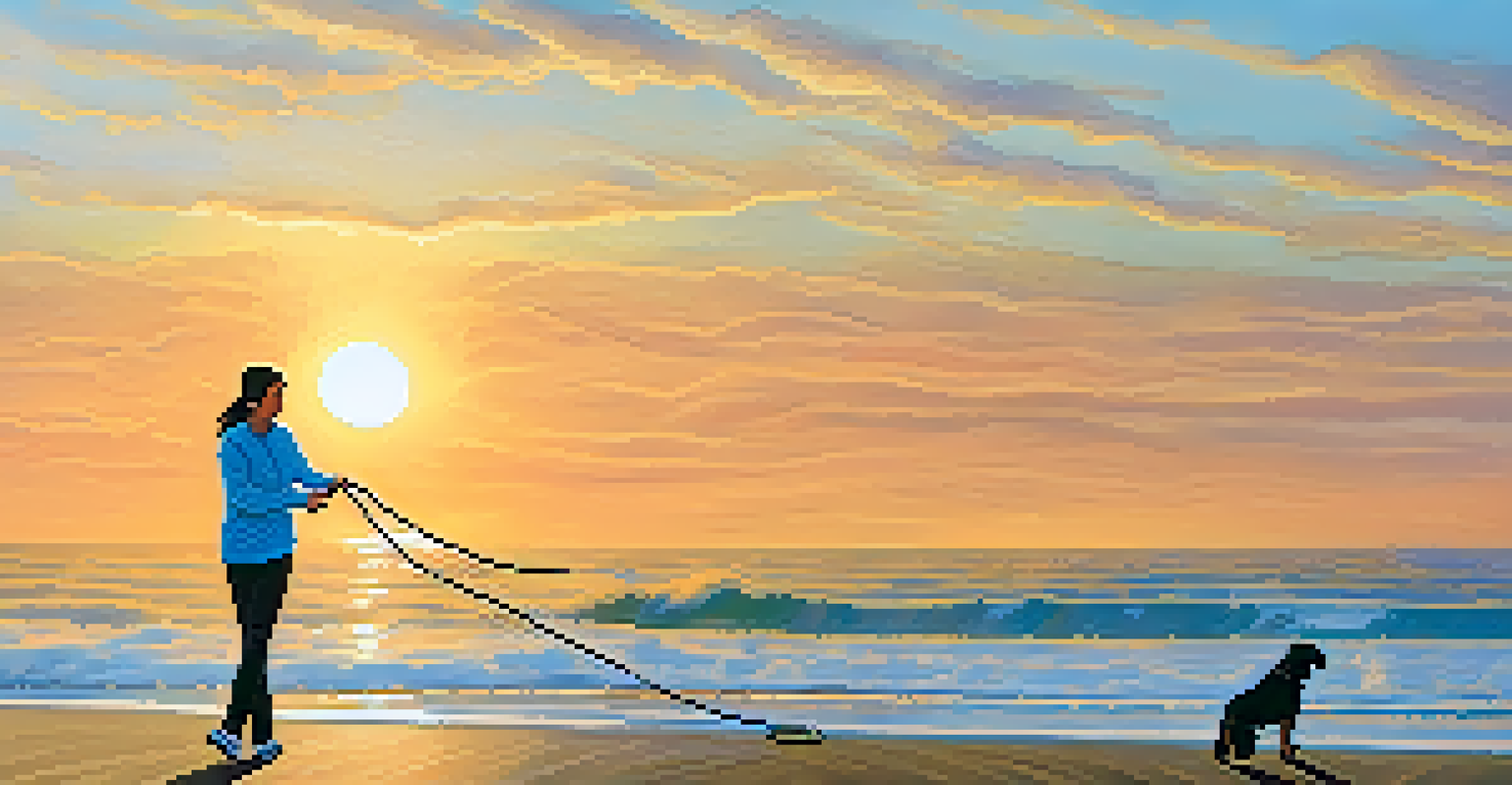 A person walking a dog along the Malecón in Lima at sunset, with ocean waves in the background.