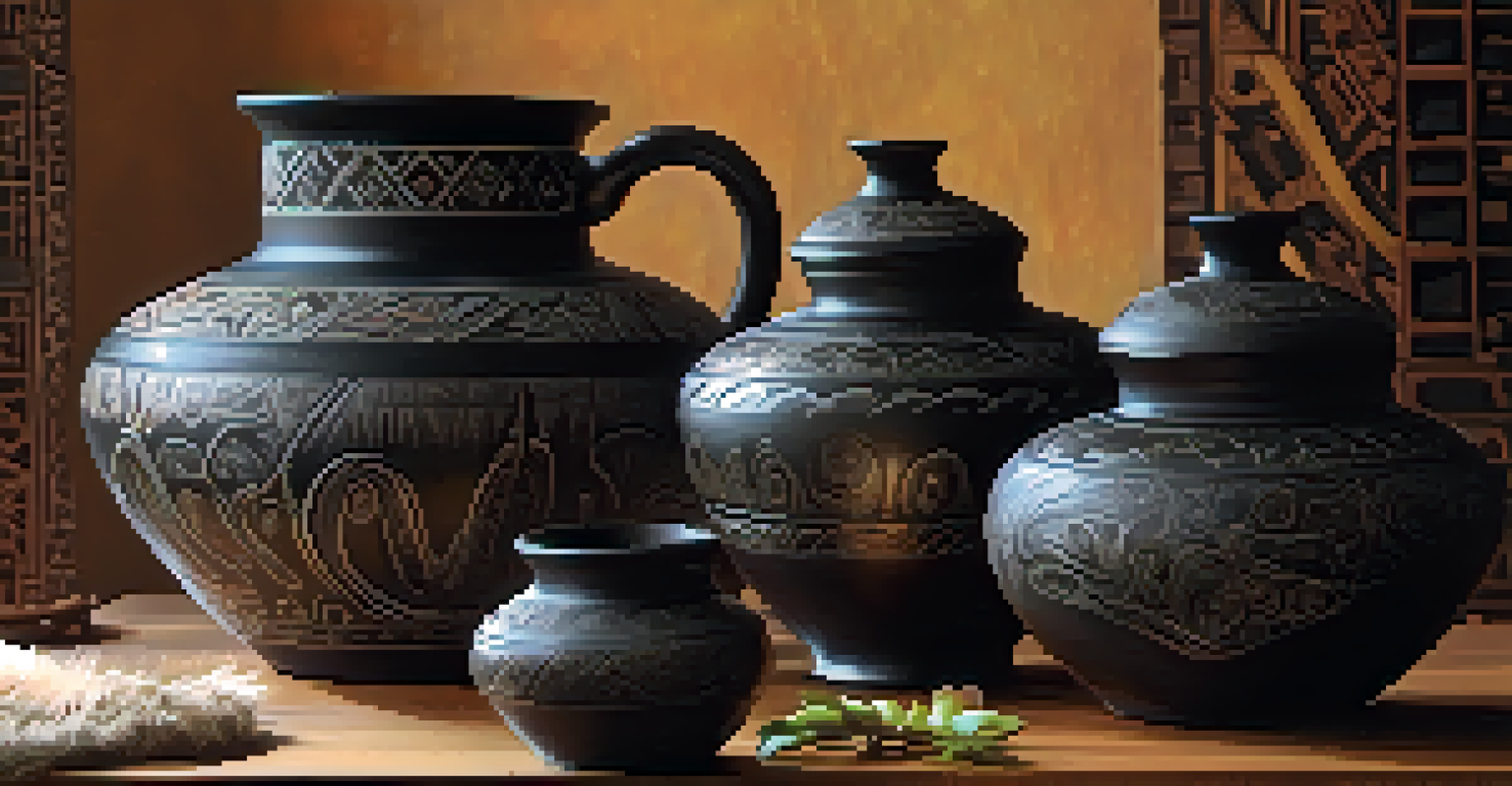 A piece of blackware pottery from Cusco with intricate engravings, displayed on a wooden table.