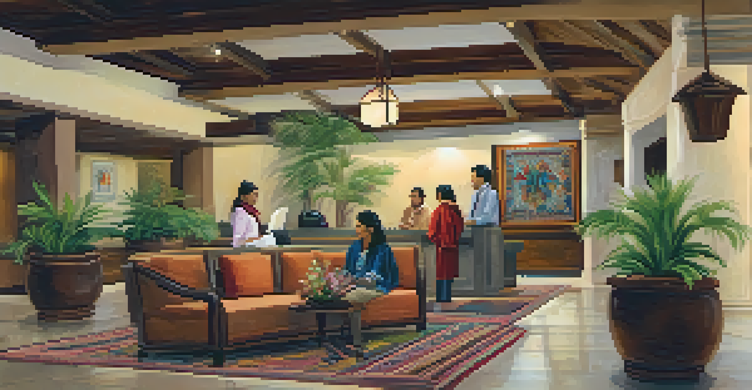 A warm hotel lobby in Peru with local art, comfortable seating, and a friendly receptionist.