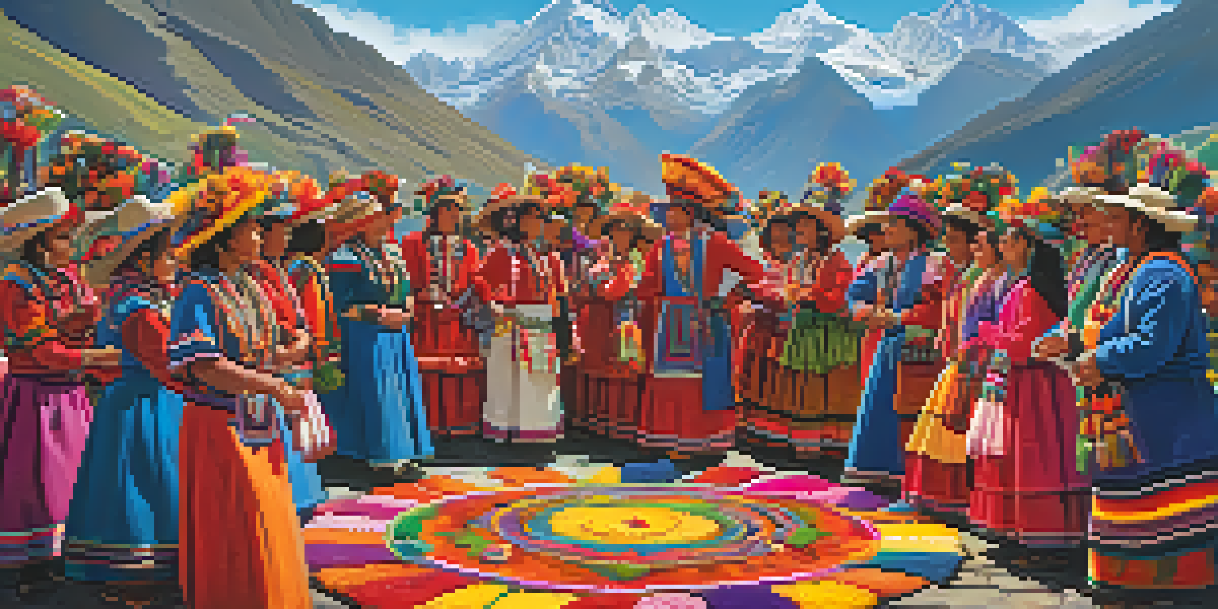 A lively Andean festival with people in traditional clothing dancing and colorful decorations, set against a backdrop of mountains.