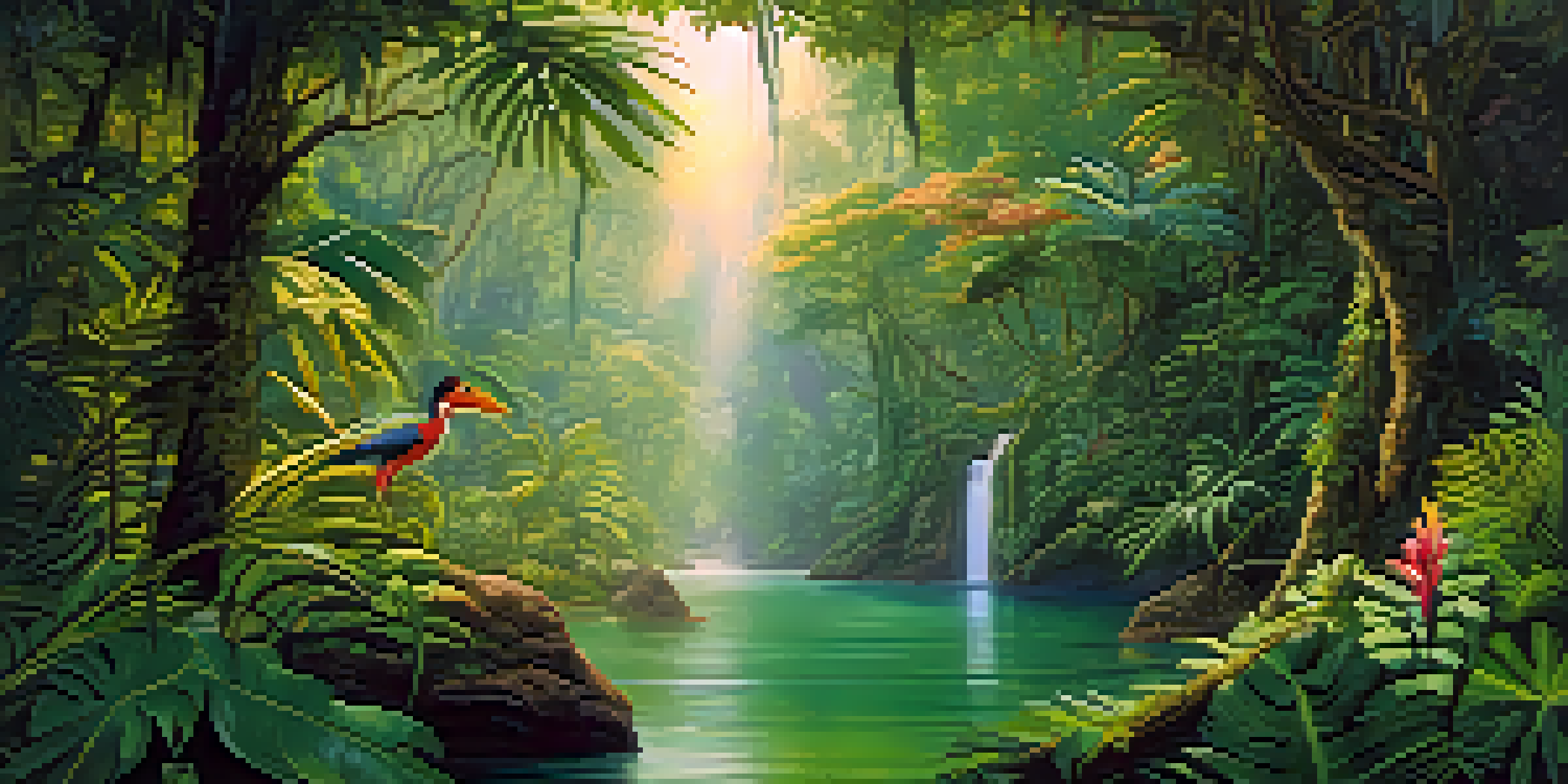 A mystical creature known as Chullachaqui partially hidden in the Amazon rainforest, surrounded by vibrant foliage and sunlight filtering through the trees.