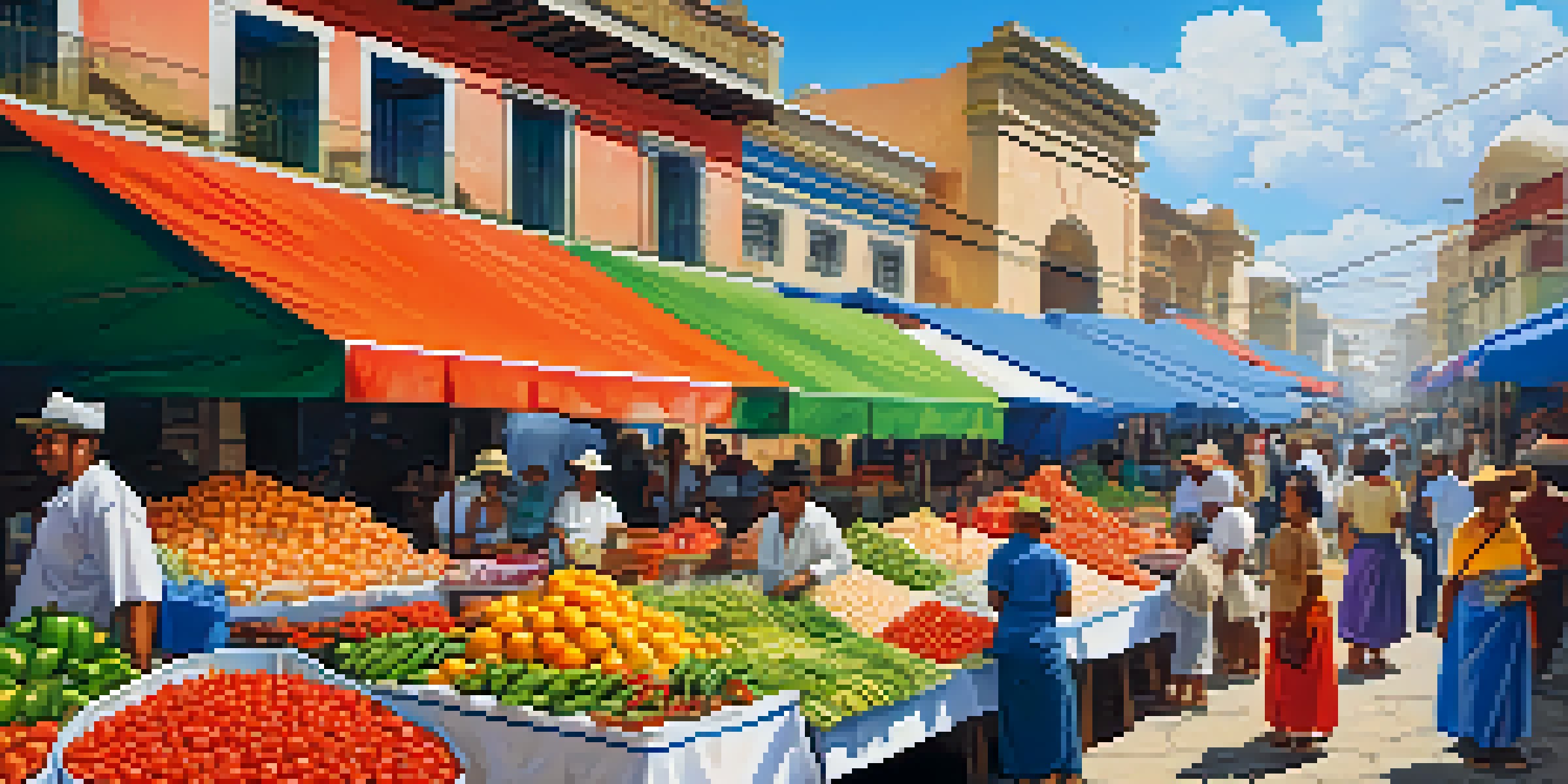 A lively Peruvian street market with colorful stalls, fresh produce, and a vendor preparing ceviche.