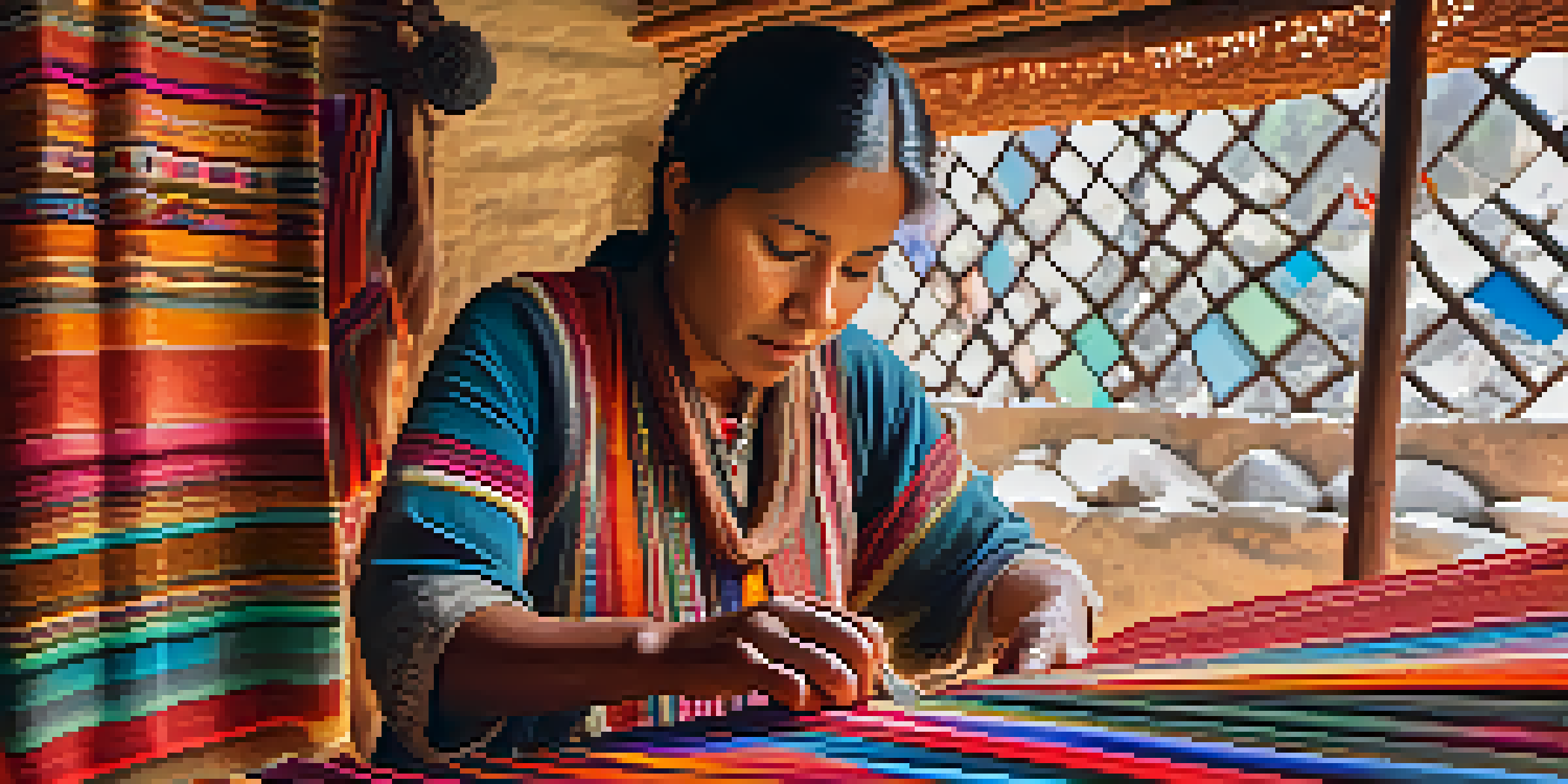 A Peruvian textile artisan weaving on a backstrap loom, surrounded by colorful threads and intricate patterns, illuminated by soft natural light.