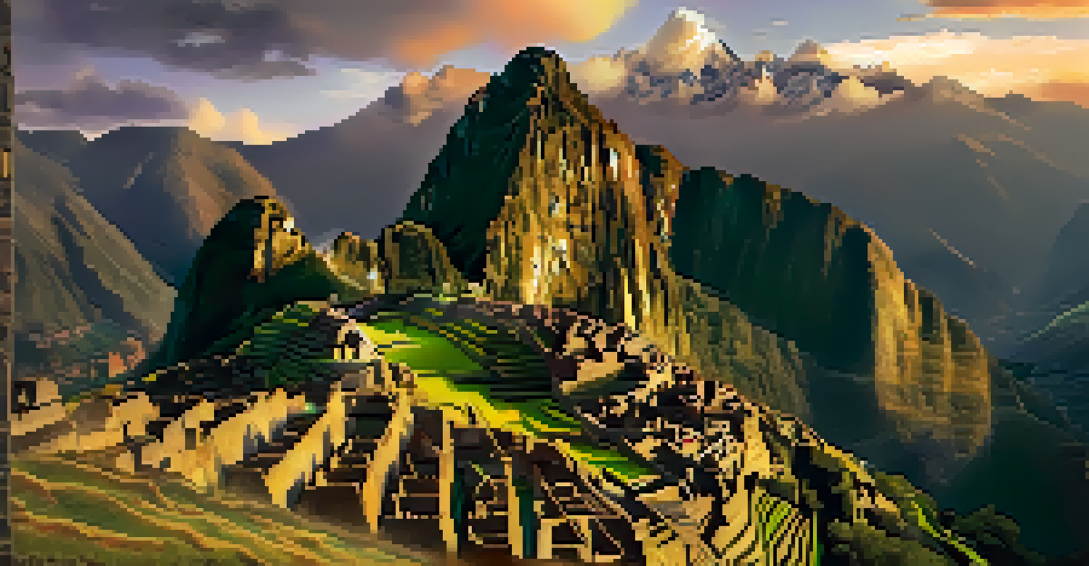 Manco Inca standing on a mountain, reflecting on his homeland with a beautiful sunrise in the background.
