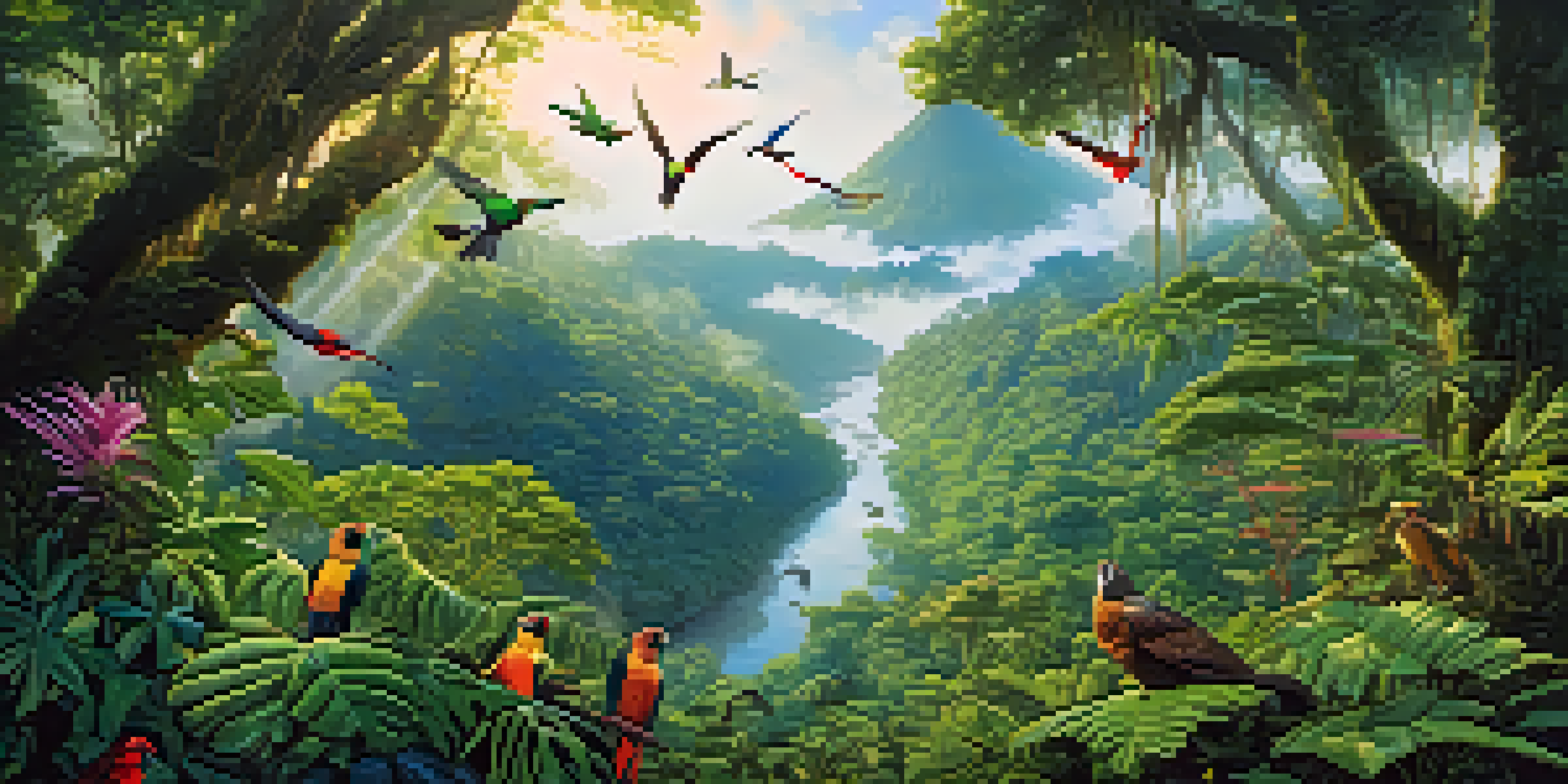 A colorful depiction of the Amazon rainforest with dense foliage, birds in the sky, and a river in the background, showcasing a rich biodiversity.