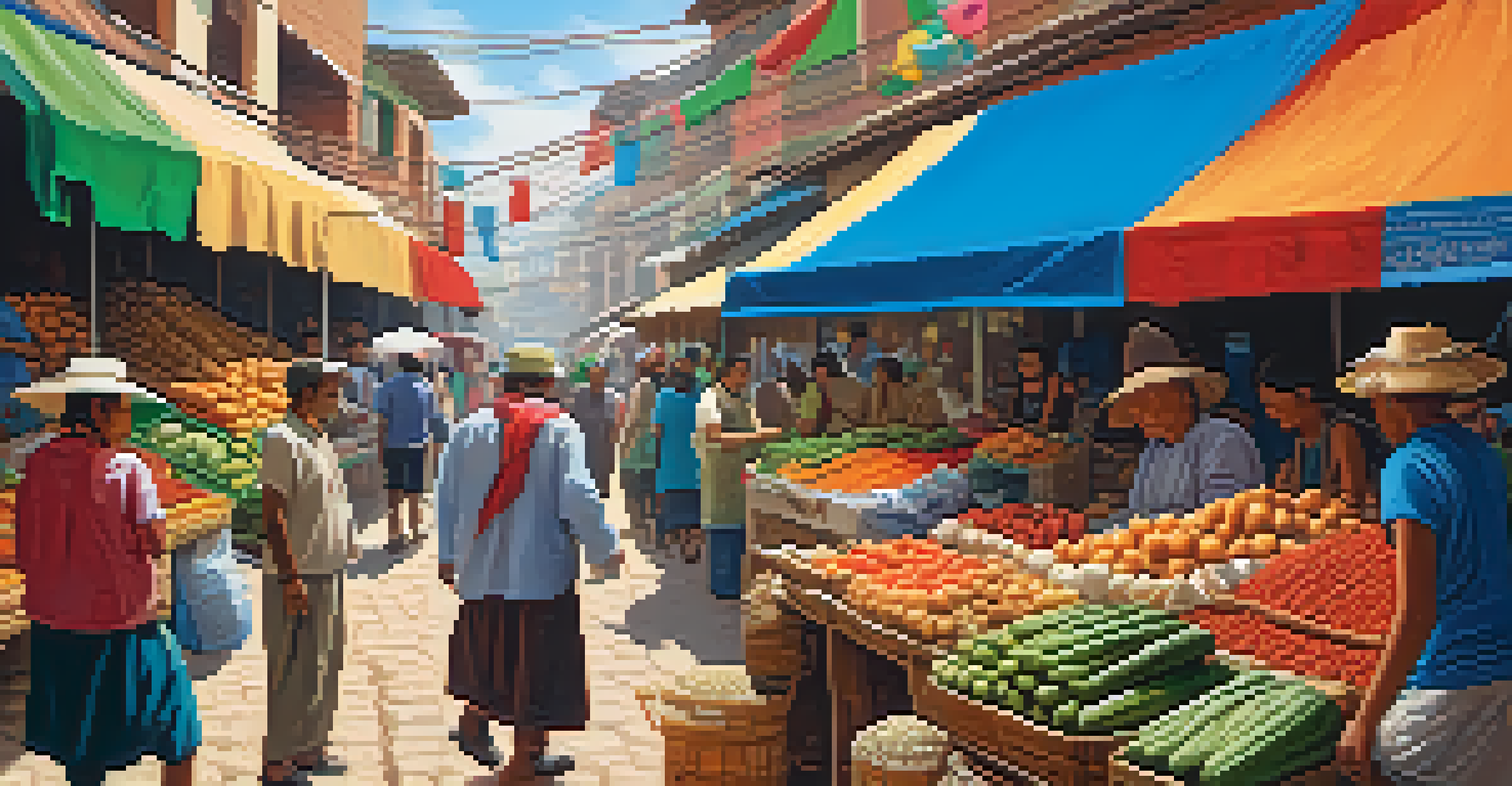 A lively Peruvian market with vendors selling fresh produce, spices, and textiles, set against a clear blue sky.
