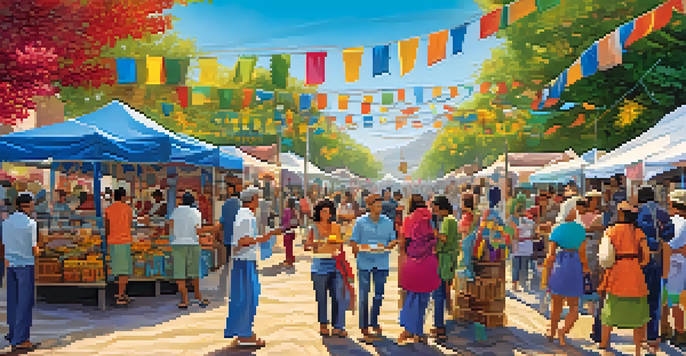 A lively community festival with colorful stalls of local crafts and food, people enjoying the event, and performers in the background under a clear blue sky.