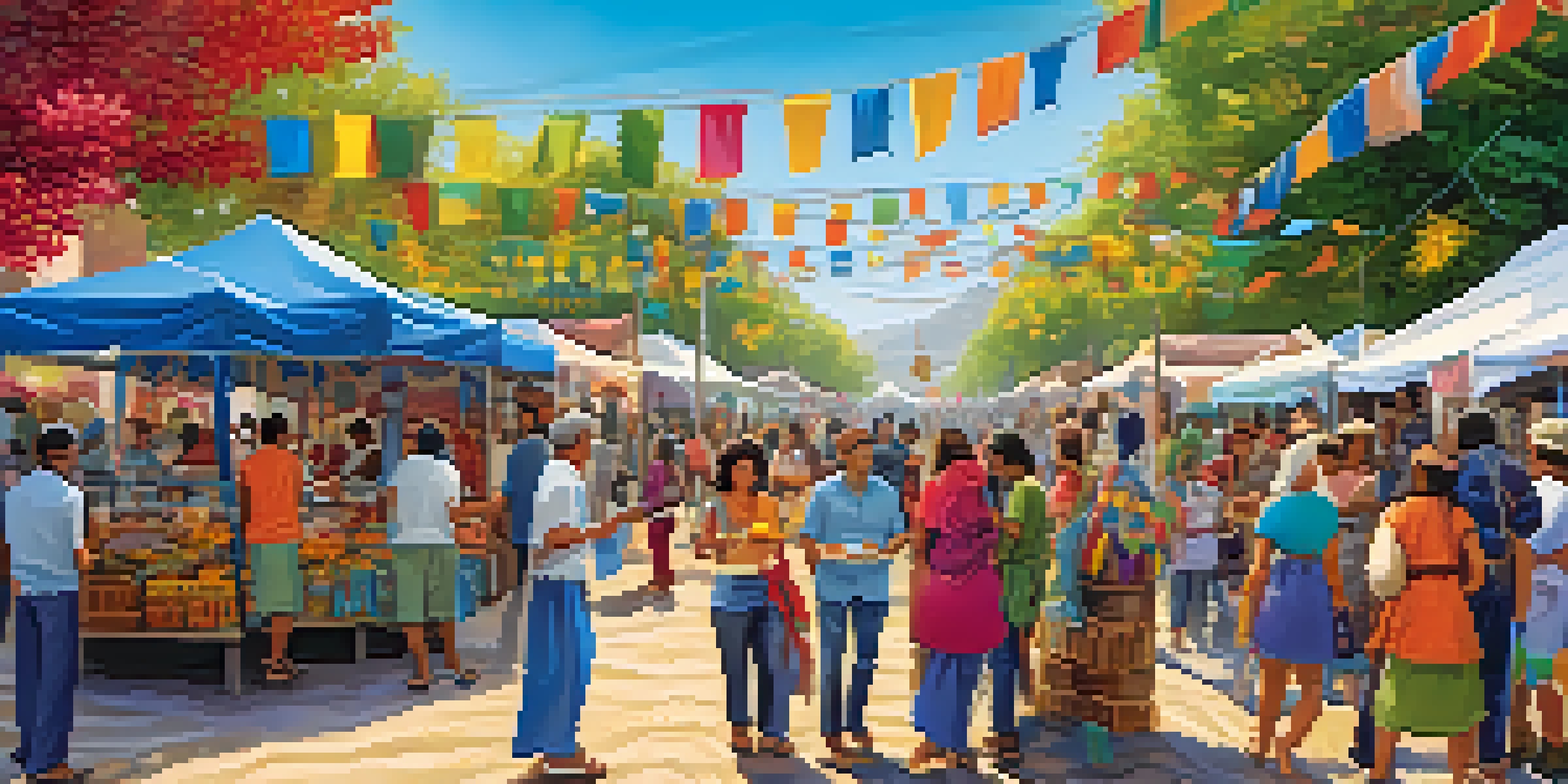 A lively community festival with colorful stalls of local crafts and food, people enjoying the event, and performers in the background under a clear blue sky.
