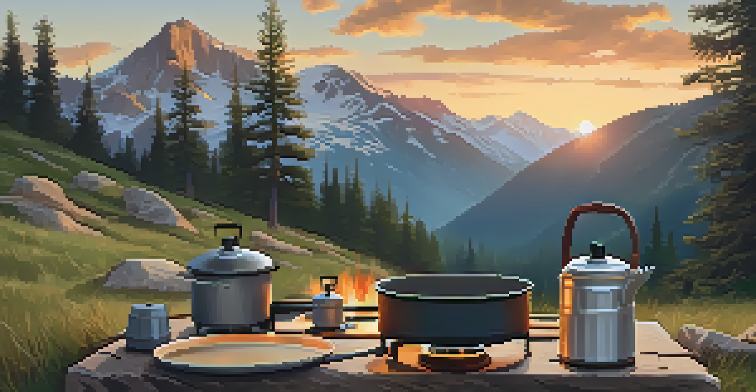 A portable camping stove at a mountain campsite with boiling water and a sunset backdrop.