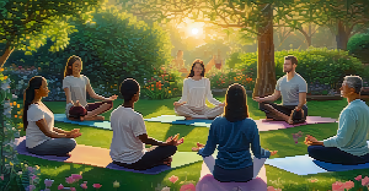 A diverse group of individuals meditating in a lush garden at sunset, surrounded by flowers and greenery.