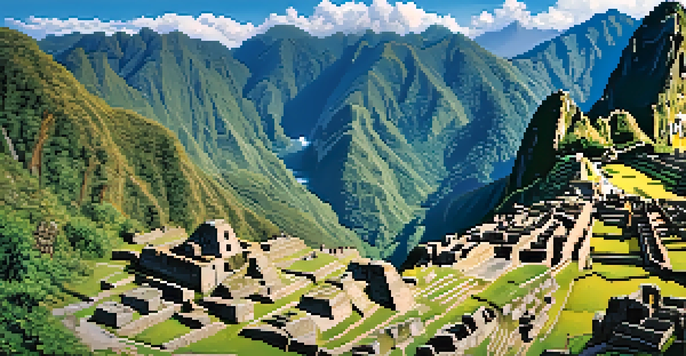 A wide landscape view of the Inca Trail with hikers, lush valleys, and ancient ruins against a clear sky.