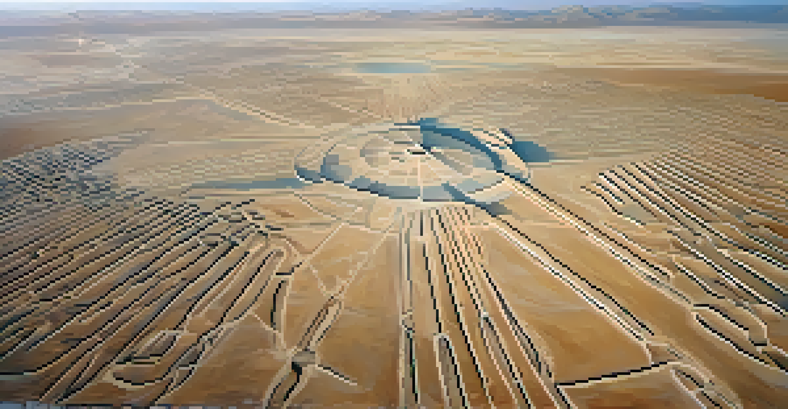 An aerial perspective of the Nazca Lines, featuring large geoglyphs etched in the desert, surrounded by a vast arid landscape and blue sky.