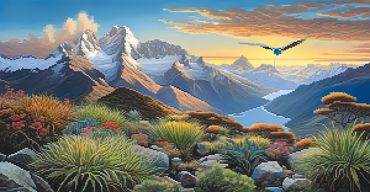 A panoramic view of the Peruvian Andes showcasing diverse flora and fauna at sunrise.
