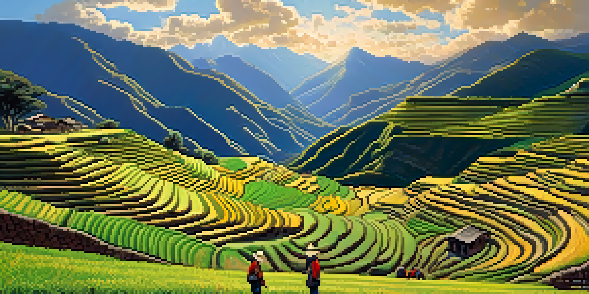 An Inca farming scene with farmers planting and harvesting crops on terraced fields in the Andes, under a bright blue sky.