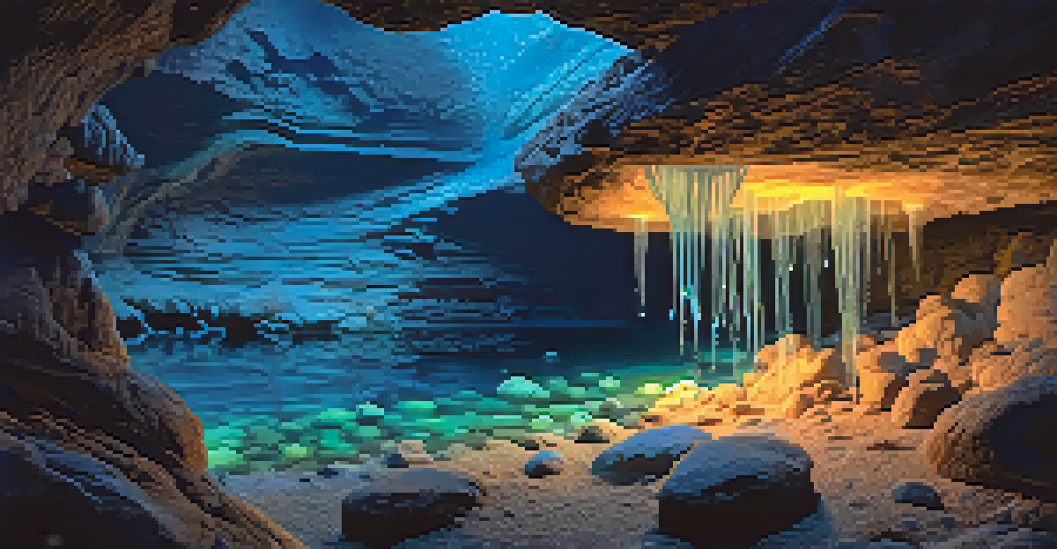 Close-up of bioluminescent organisms glowing on damp cave walls, with water droplets glistening.