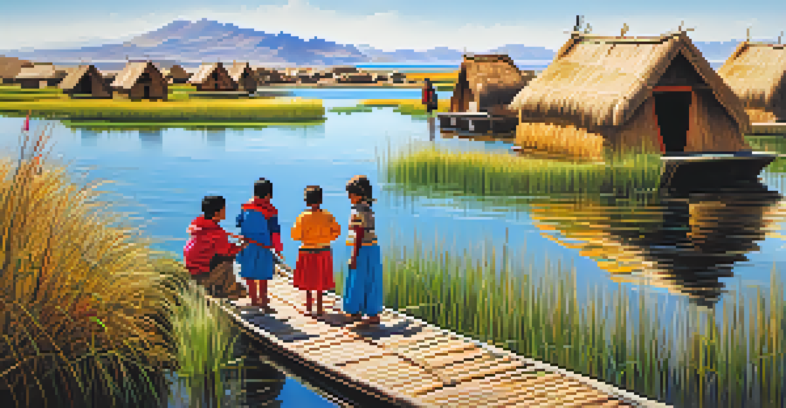 Families visiting the Floating Islands of Uros, with colorful reed homes and people interacting, creating a lively and vibrant scene.