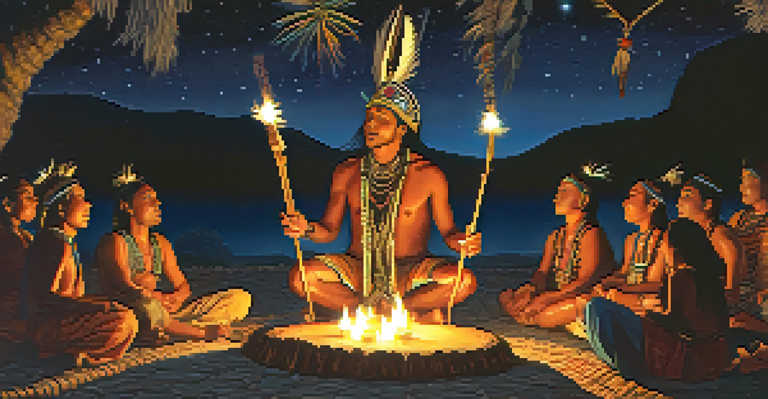 A shaman conducting an Ayahuasca ceremony at night, surrounded by participants and illuminated by candlelight.