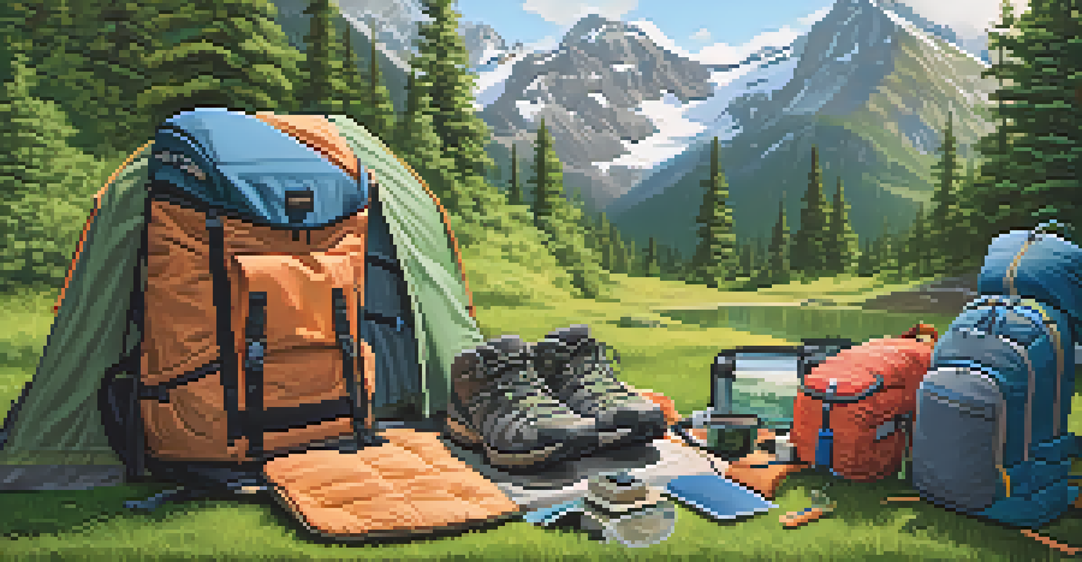 A neatly packed backpack at an outdoor campsite, showcasing rolled clothing, packing cubes, and essential outdoor gear like a hat and trekking poles.
