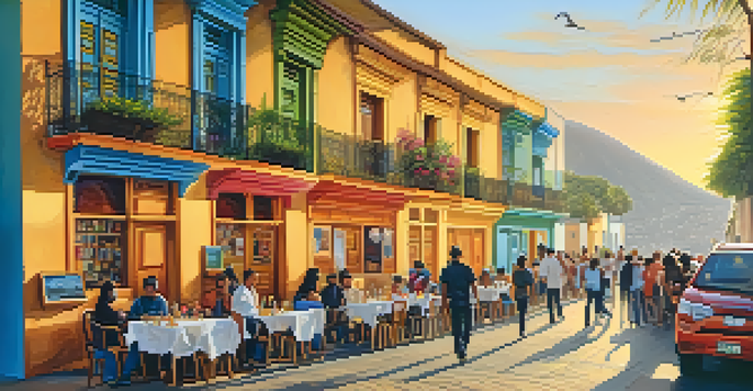 A lively street in Barranco, Lima filled with colorful murals, outdoor cafes, and locals enjoying street performances during sunset.