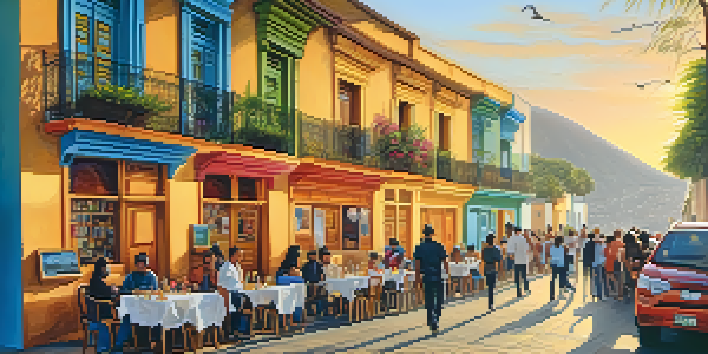 A lively street in Barranco, Lima filled with colorful murals, outdoor cafes, and locals enjoying street performances during sunset.