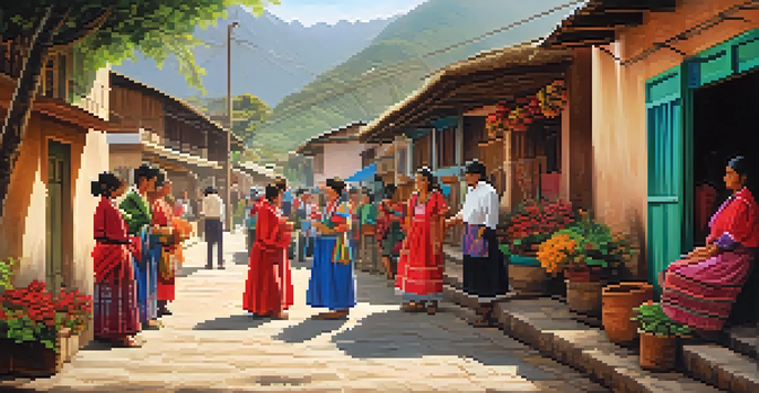 A lively street in Peru with locals greeting each other warmly, wearing traditional clothing, surrounded by rustic buildings and greenery.