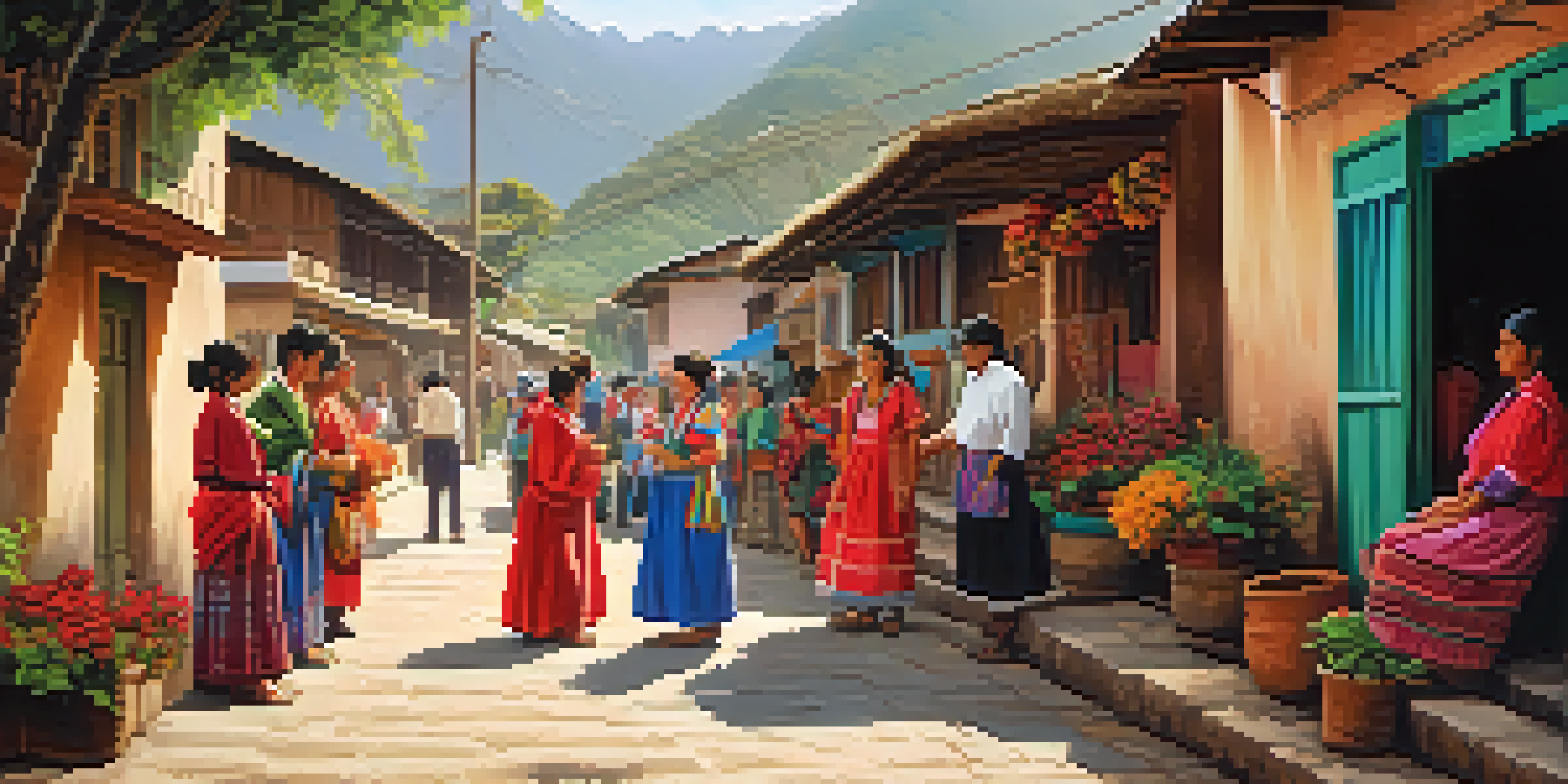 A lively street in Peru with locals greeting each other warmly, wearing traditional clothing, surrounded by rustic buildings and greenery.