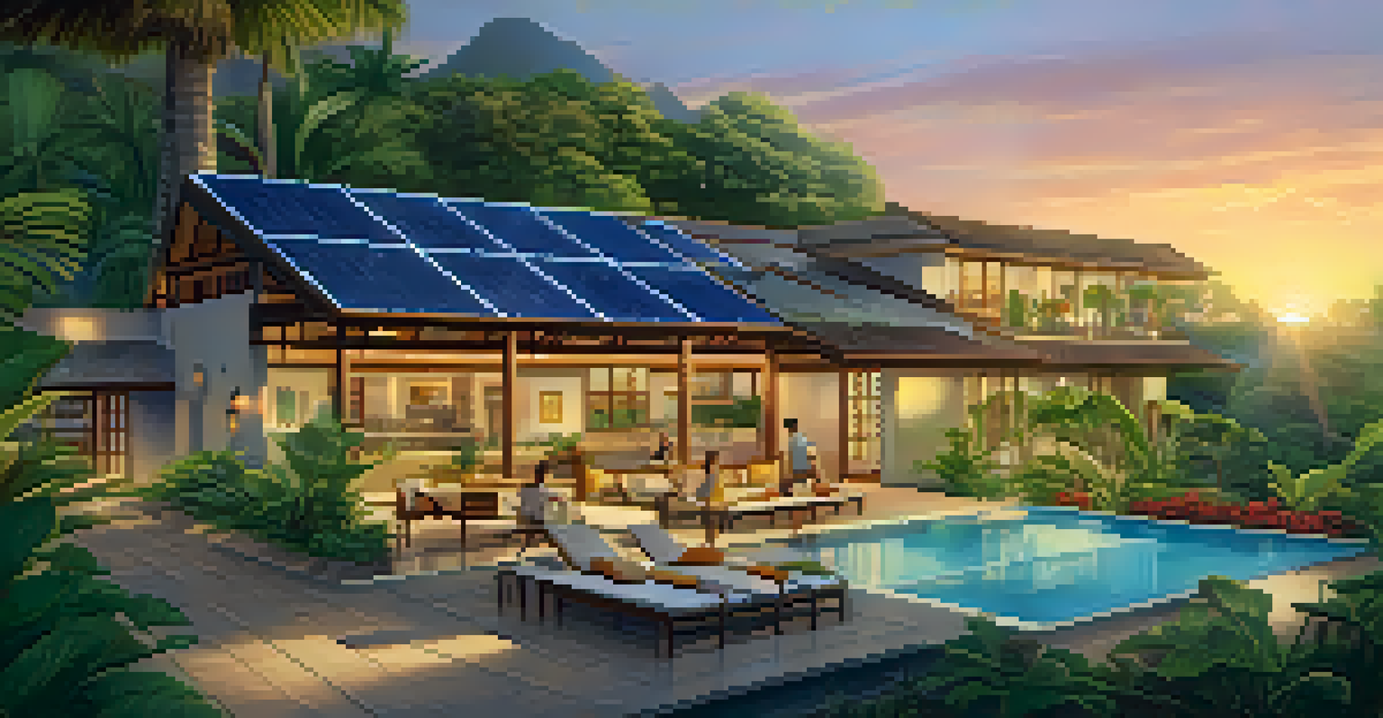 An eco-friendly hotel in a tropical setting with solar panels, gardens of native plants, and guests enjoying the sunset, representing sustainable tourism.