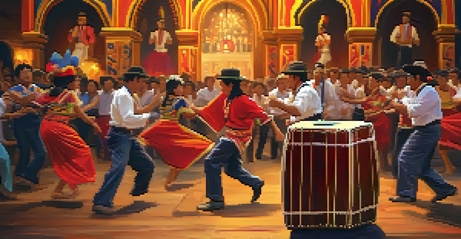 A detailed view of a wooden cajón being played, with dancers and festive decorations blurred in the background, illuminated by warm lighting.