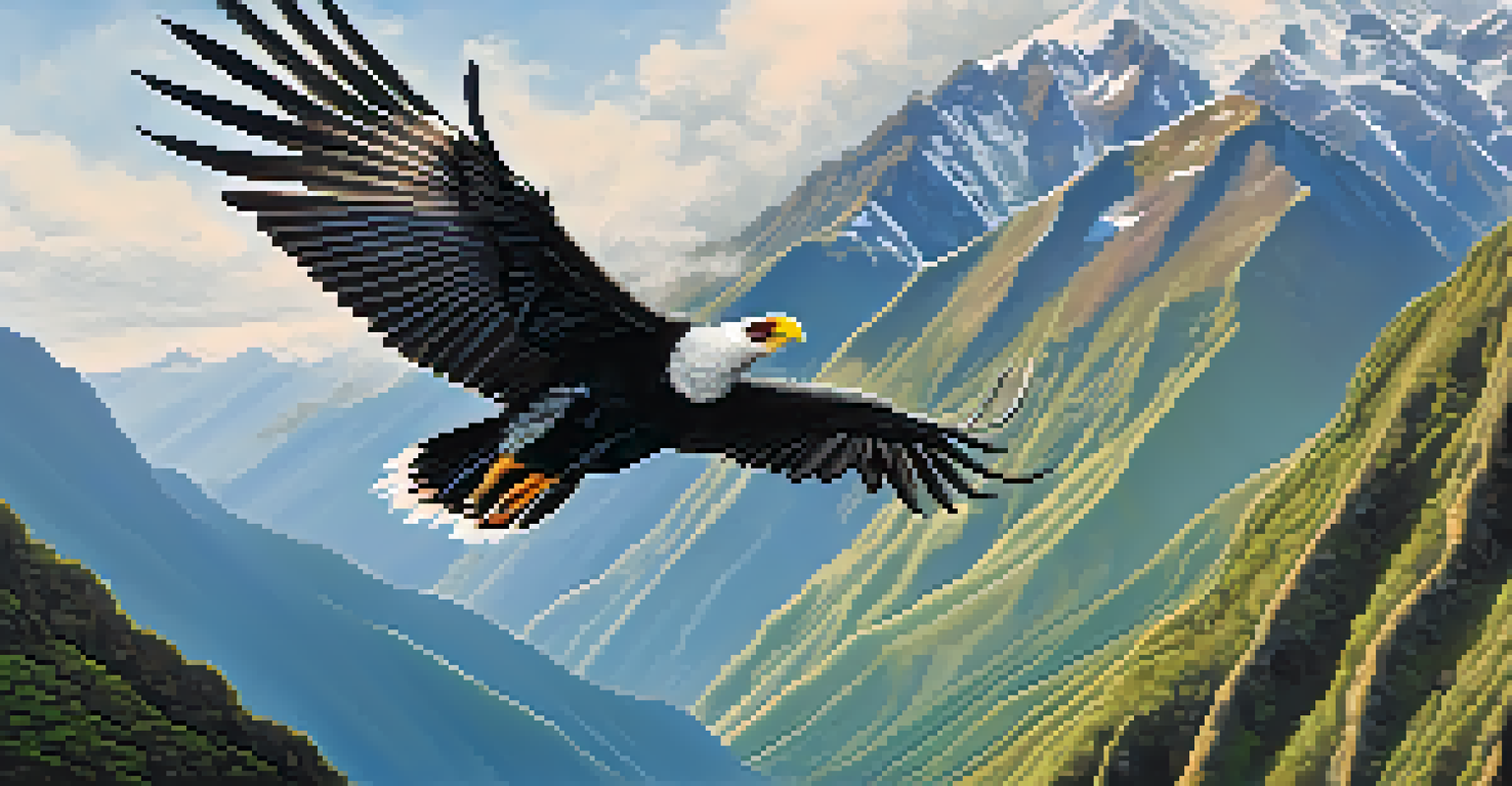 An Andean condor soaring with its wings spread above the mountains, showcasing intricate feather patterns and a lush valley below.