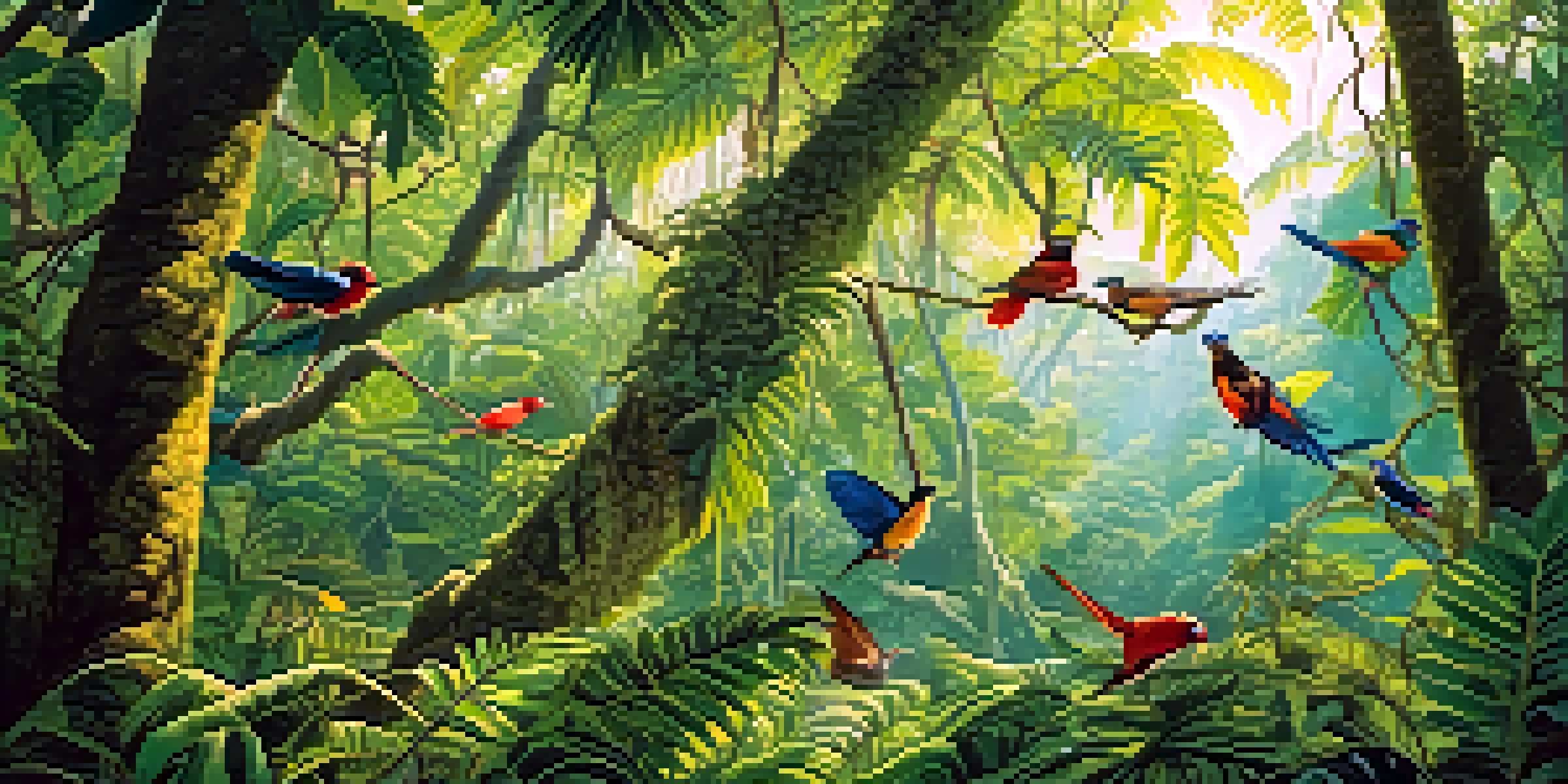 A dense Amazon Rainforest canopy with colorful birds and playful monkeys, sunlight creating dappled patterns on the ground.