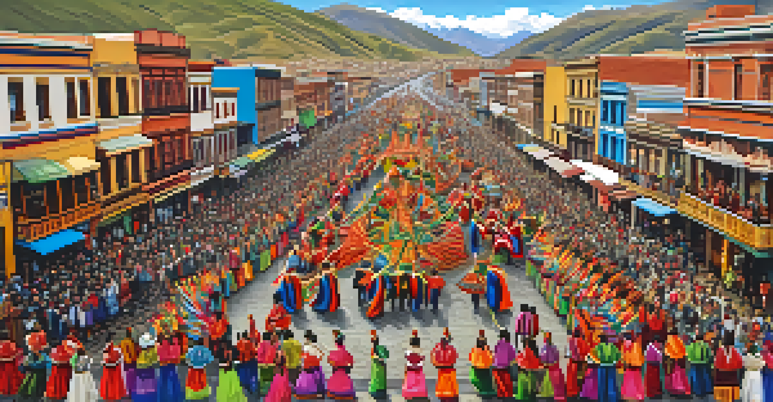 An aerial view of the Fiesta de la Candelaria in Puno, showcasing a procession of dancers and musicians with colorful decorations and the Andes mountains in the background.