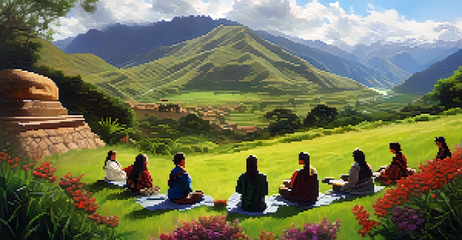 A group meditating outdoors in the Sacred Valley, surrounded by greenery and Incan ruins under a bright sky.