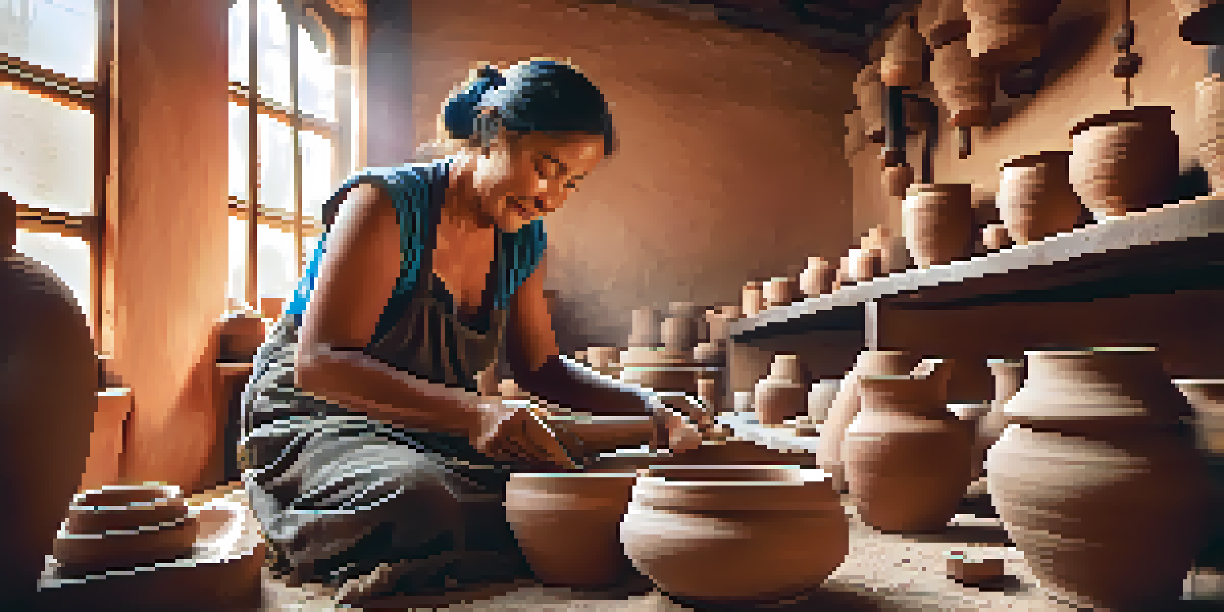 A local artisan crafting pottery in a sunlit workshop, showcasing colorful clay and tools.