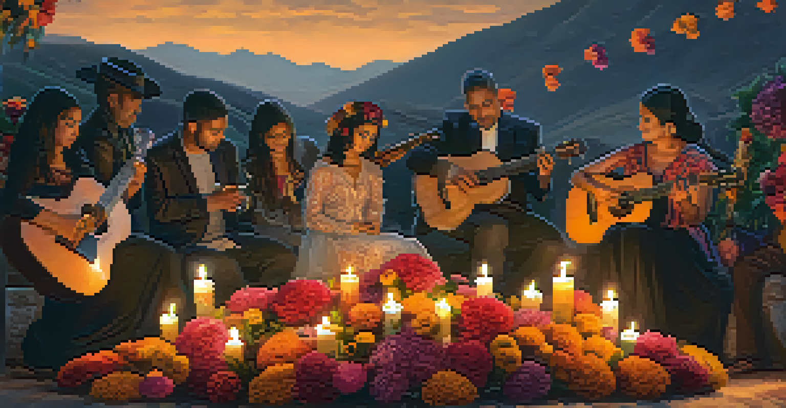 People gather around a decorated altar for Día de los Muertos, with musicians playing soft melodies, creating an atmosphere of remembrance.