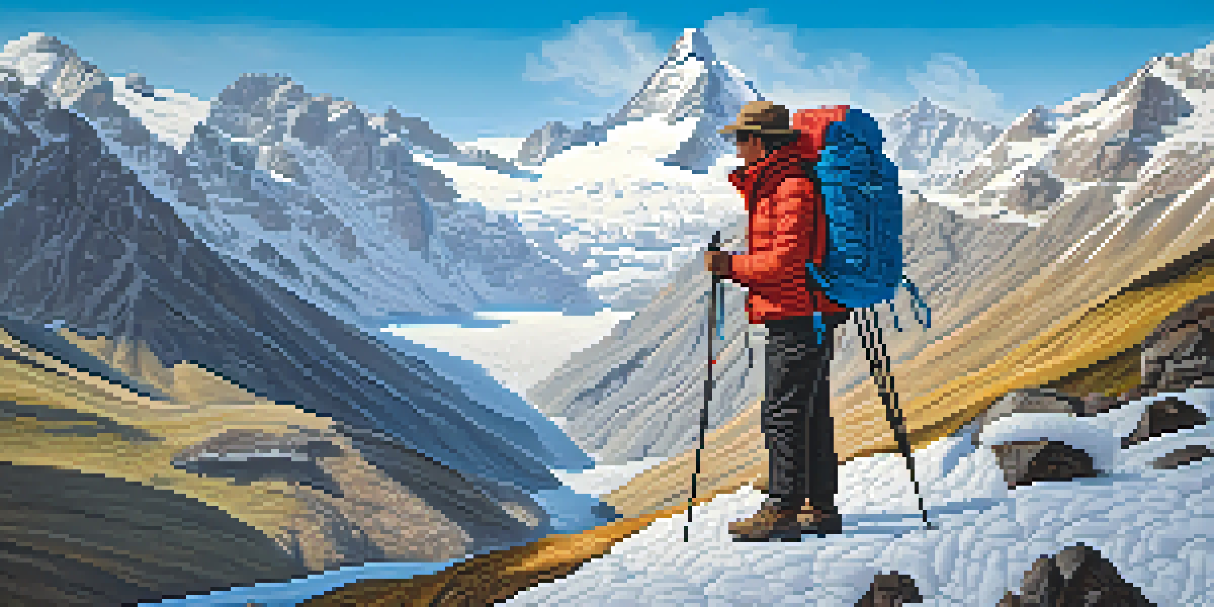 A hiker in layered clothing stands in the Andes mountains, with snow-capped peaks and a clear blue sky in the background, adjusting their backpack.